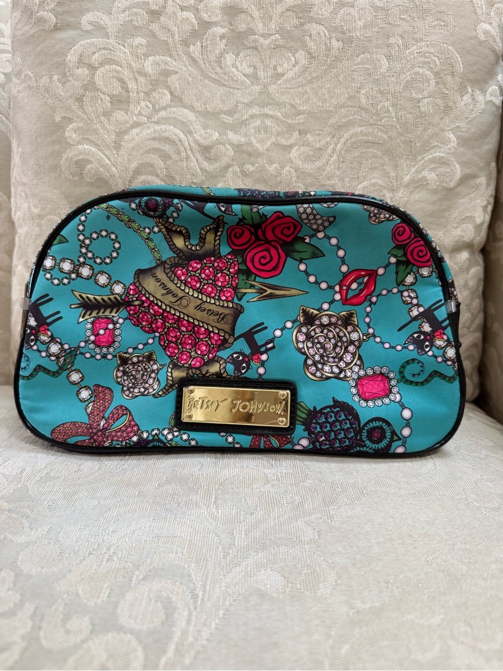 Betsey Johnson Teal Cosmetic Case with Jewel & Rose Motif
